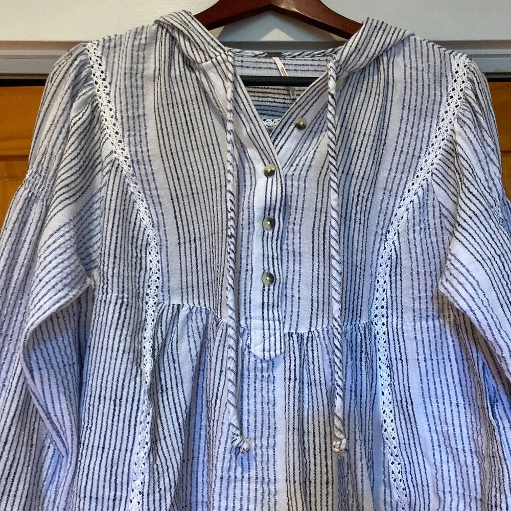 Free People Hooded Puff Sleeve Swing Shirt White, Black, Blue Stripes Size XS